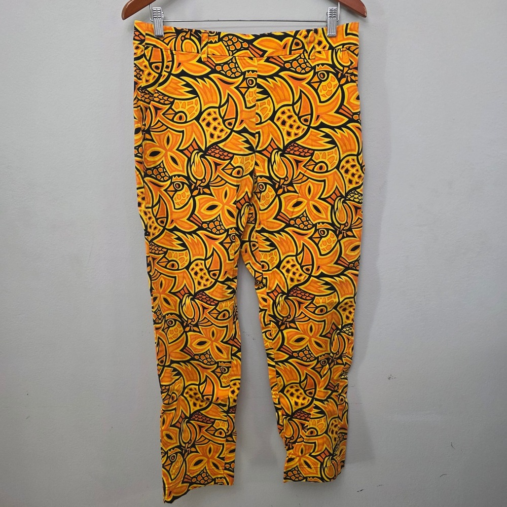 Loudmouth Golf Pants Womens 8 Orange Yellow Abstract Bird Print Cotton Stretch